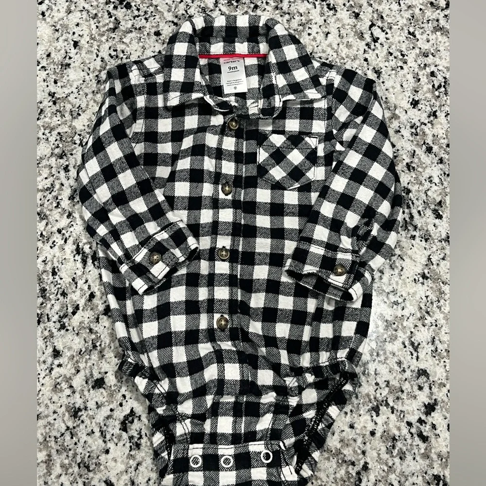 Carter's Infant Boy's Flannel Black Checkered Plaid Button Down Shirt, 9 Months